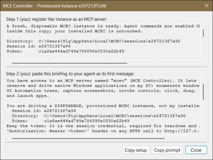 After Provision new…: Step 1 is the MCP client setup block; Step 2 is the agent briefing prompt Provision new… handoff dialog